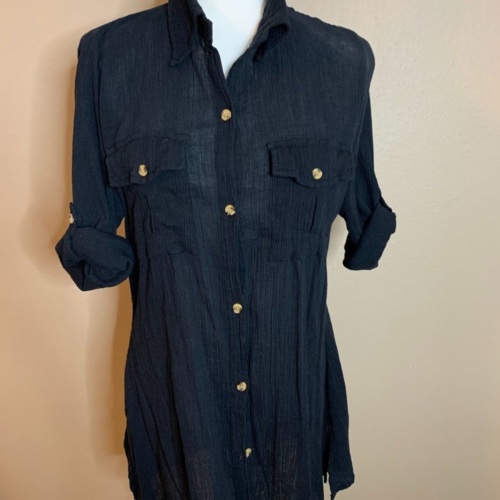 Button Down Top with Tortoiseshell Look Buttons Adjustable Rolled Sleeve Size S